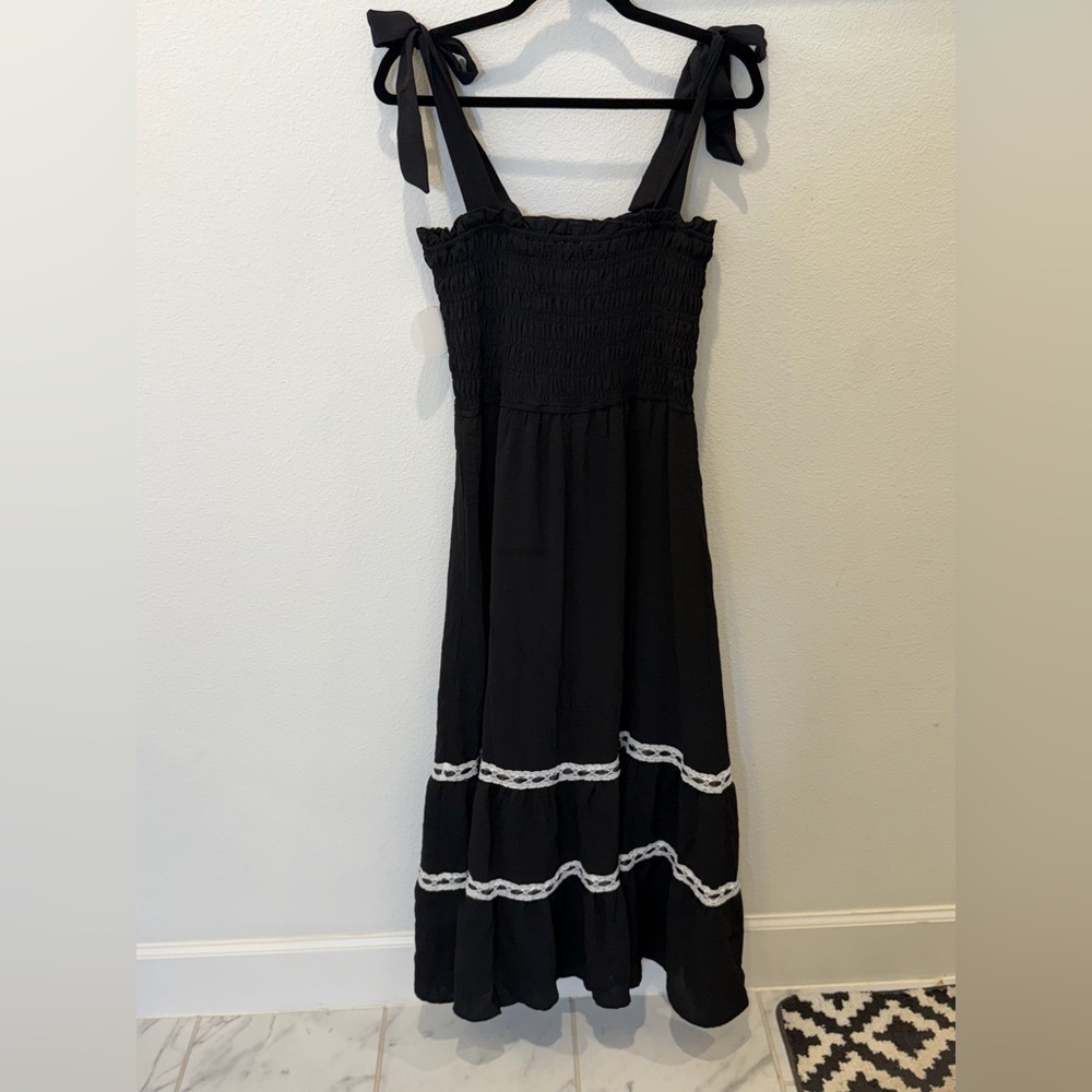 NWT Signify Black Smocked Maxi Dress Coquette Boho Ribbon & Lace Tiered Sundress - Picture 5 of 11